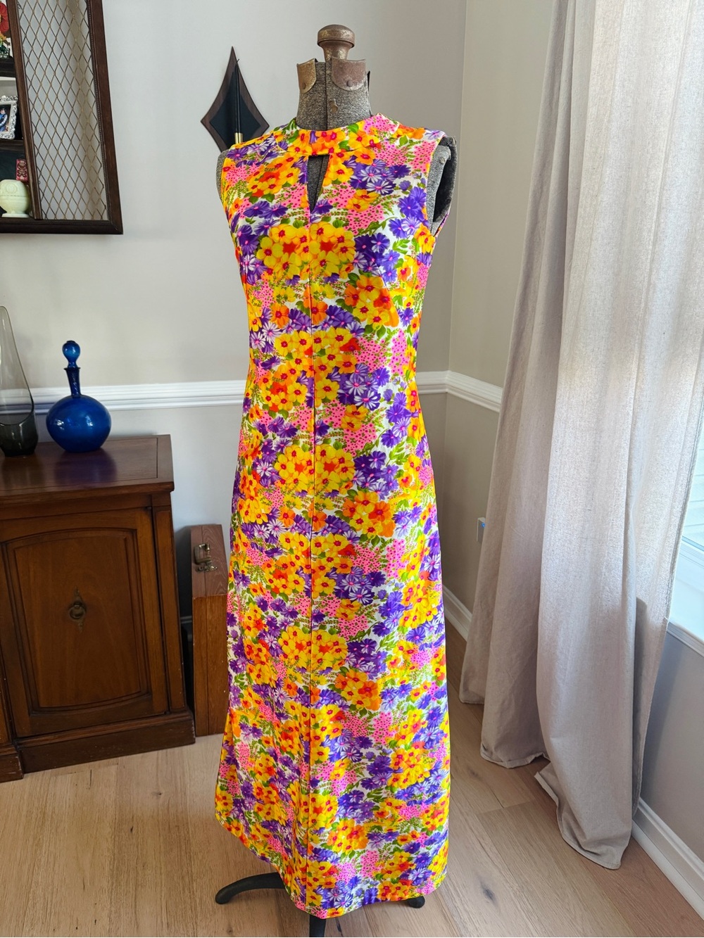 Vtg OOAK 60s/70s Mod Floral Daisy Day Glo Handmade Maxi Dress Sz Sm